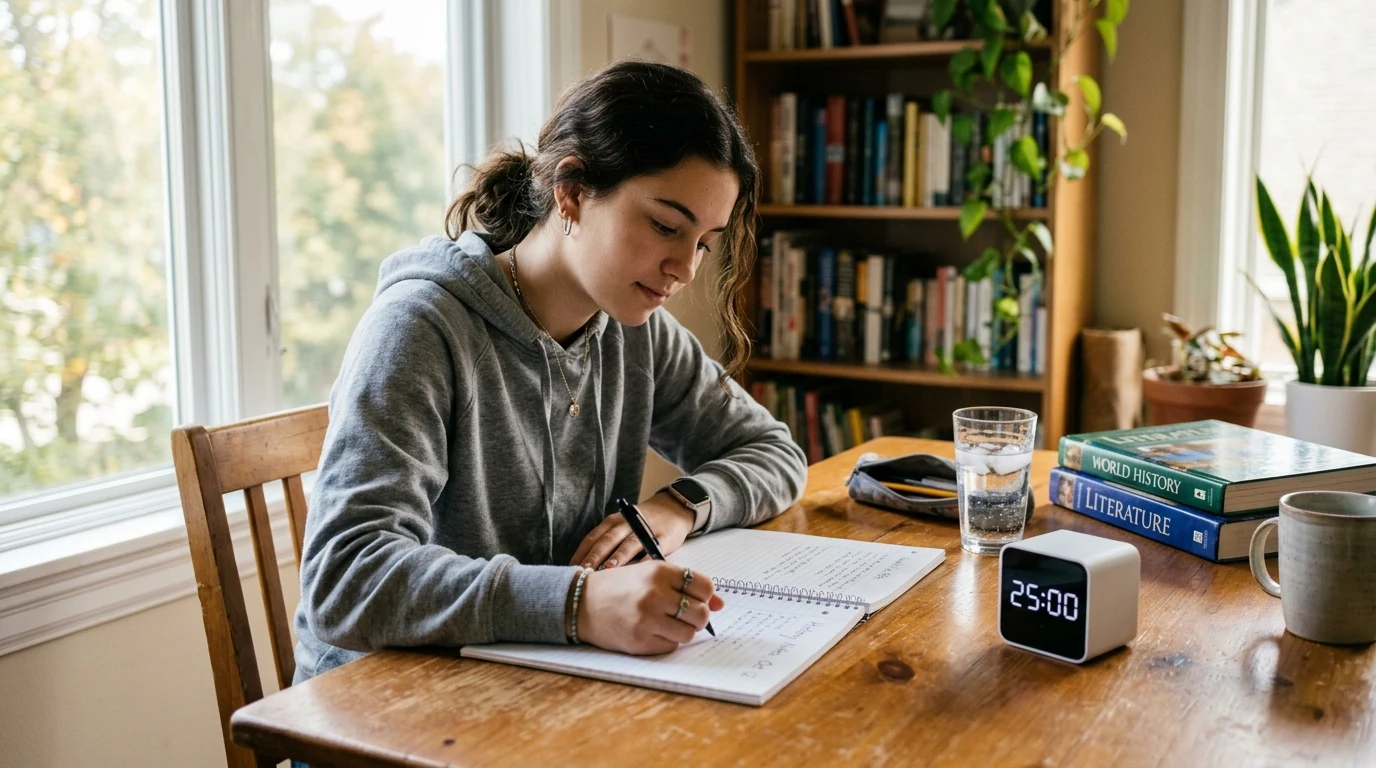 High school student calmly writing study notes beside a 25-minute Pomodoro countdown timer