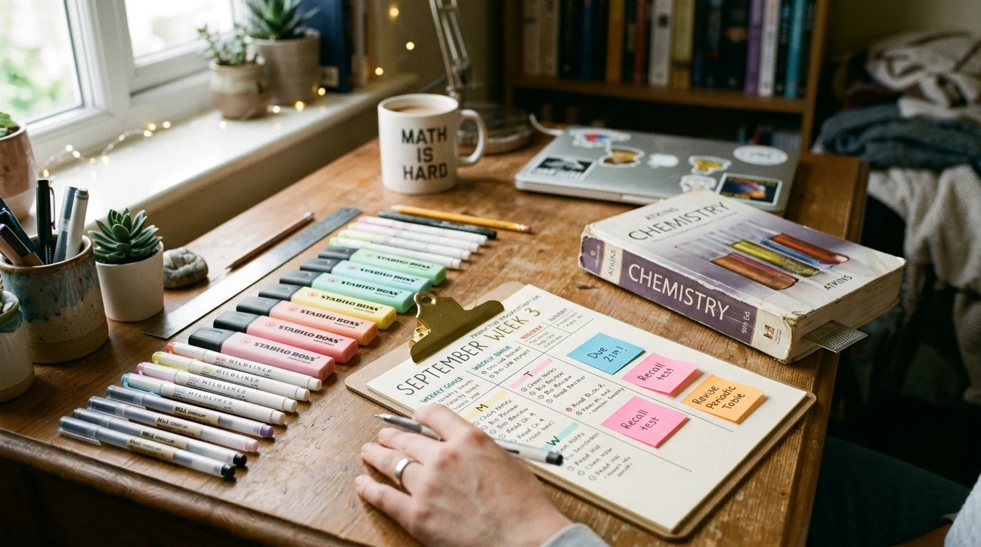 Student study desk with colour-coded highlighters, detailed timetable, and an unopened chemistry textbook
