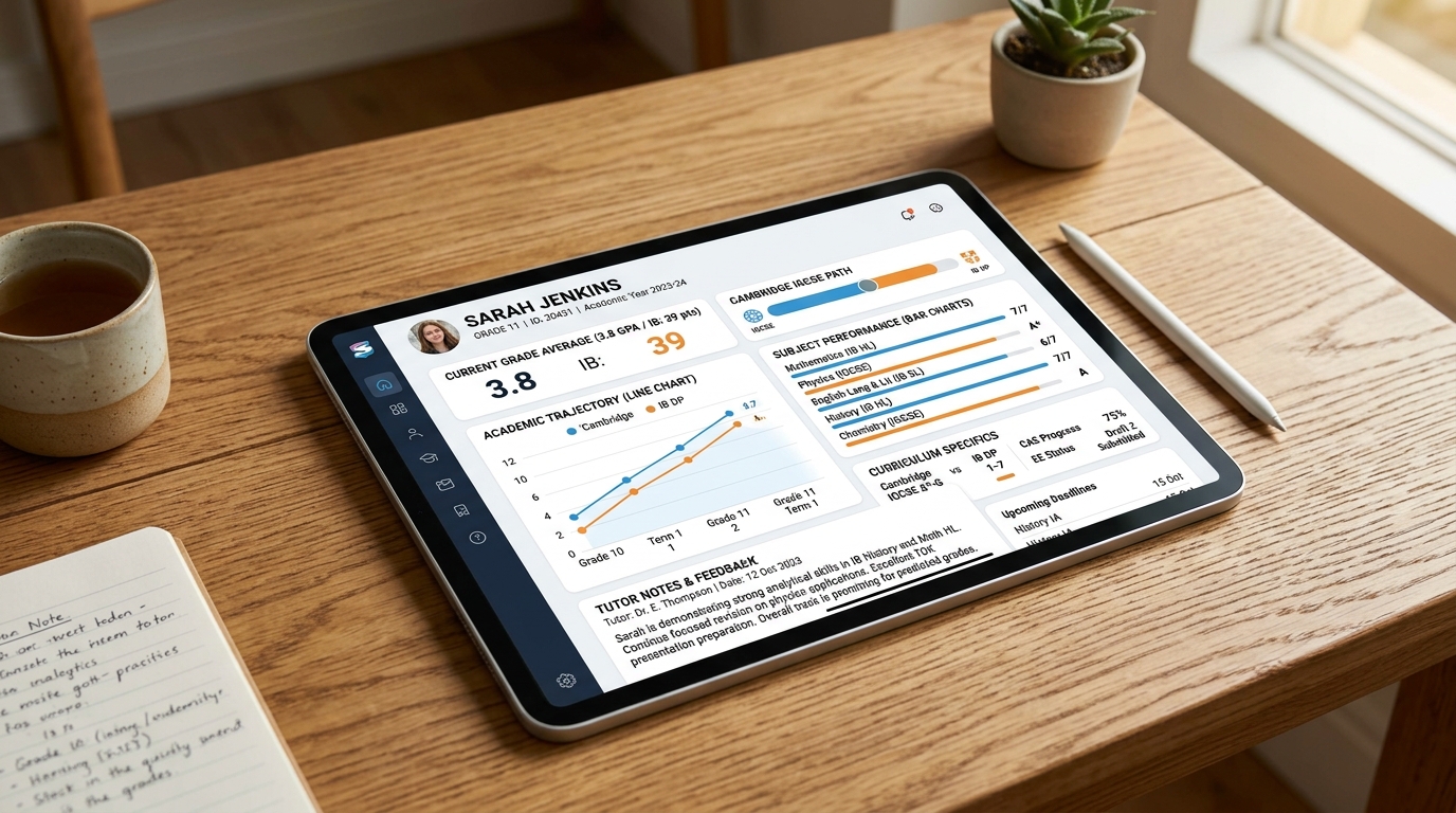 Interactive student progress tracking dashboard showing subject trajectory and tutor feedback