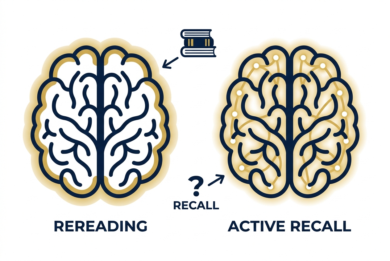 Infographic comparing two brains: one representing rereading with surface level glow, the other active recall with deep connected network glow