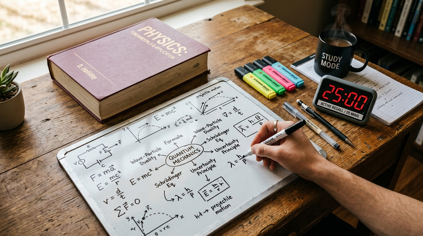 Student studying with a handheld whiteboard actively writing physics formulas from memory alongside study timer and closed textbook