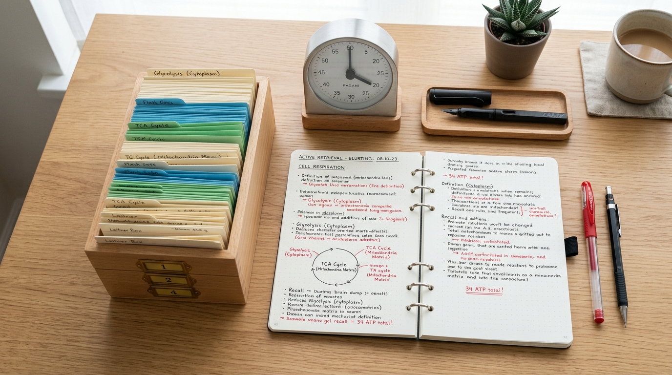 Flatlay of active retrieval tools including a multi-slot Leitner flashcard box, blurting notebook with red-pen gap corrections, and study timer