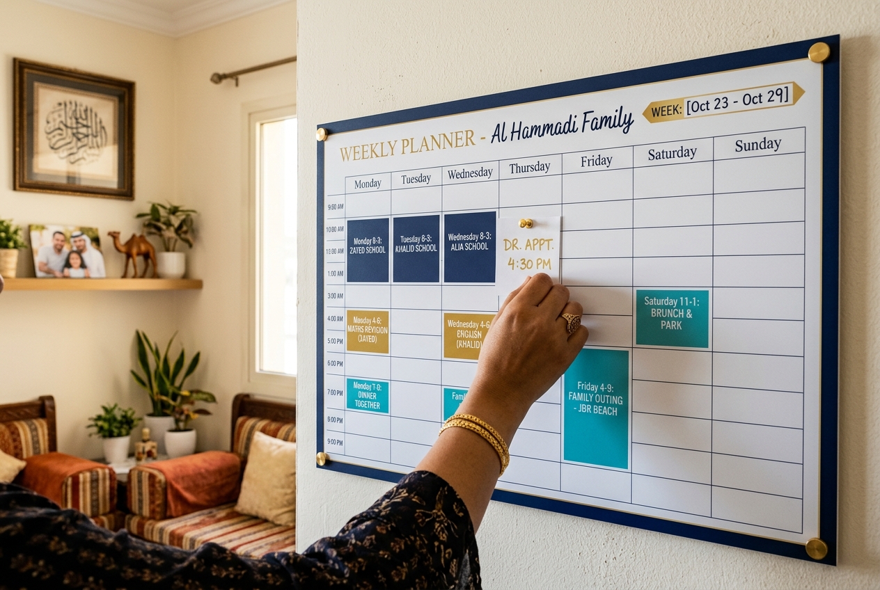 A weekly family planner board on a wall showing color-coded blocks for school, study revision sessions, and outings