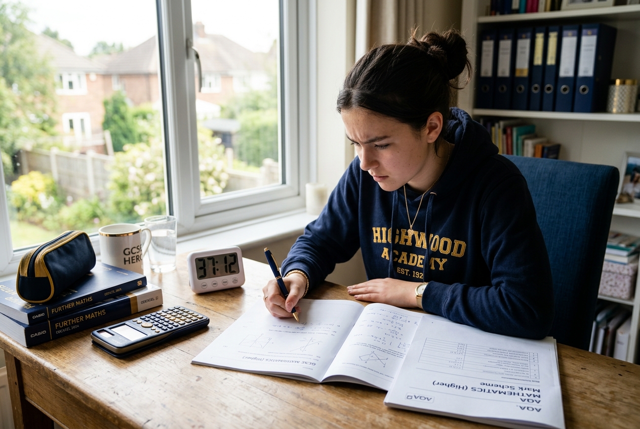 A focused teenager sitting at a desk completing a timed GCSE past paper next to an open mark scheme and calculator