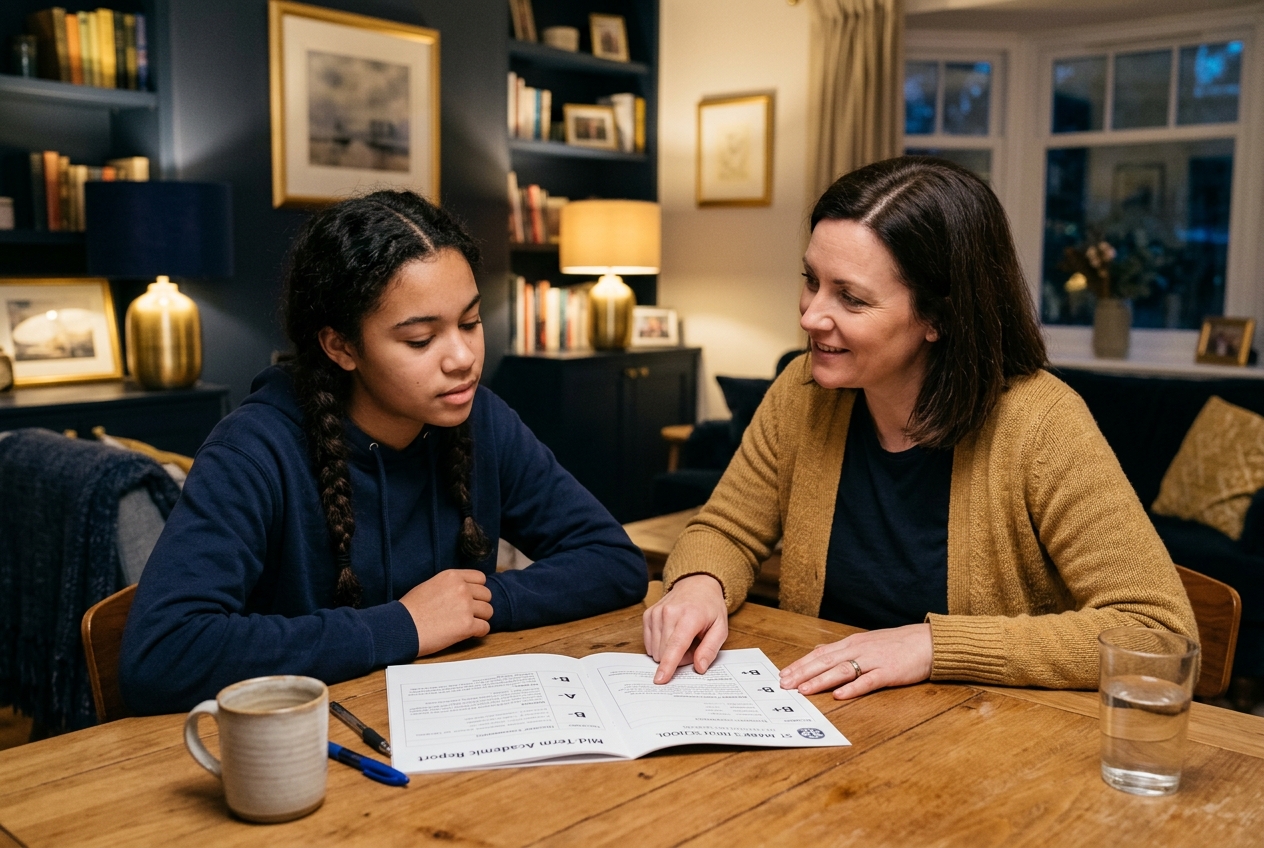 A mother and daughter reviewing an academic mid-term report together supportively at a wooden kitchen table
