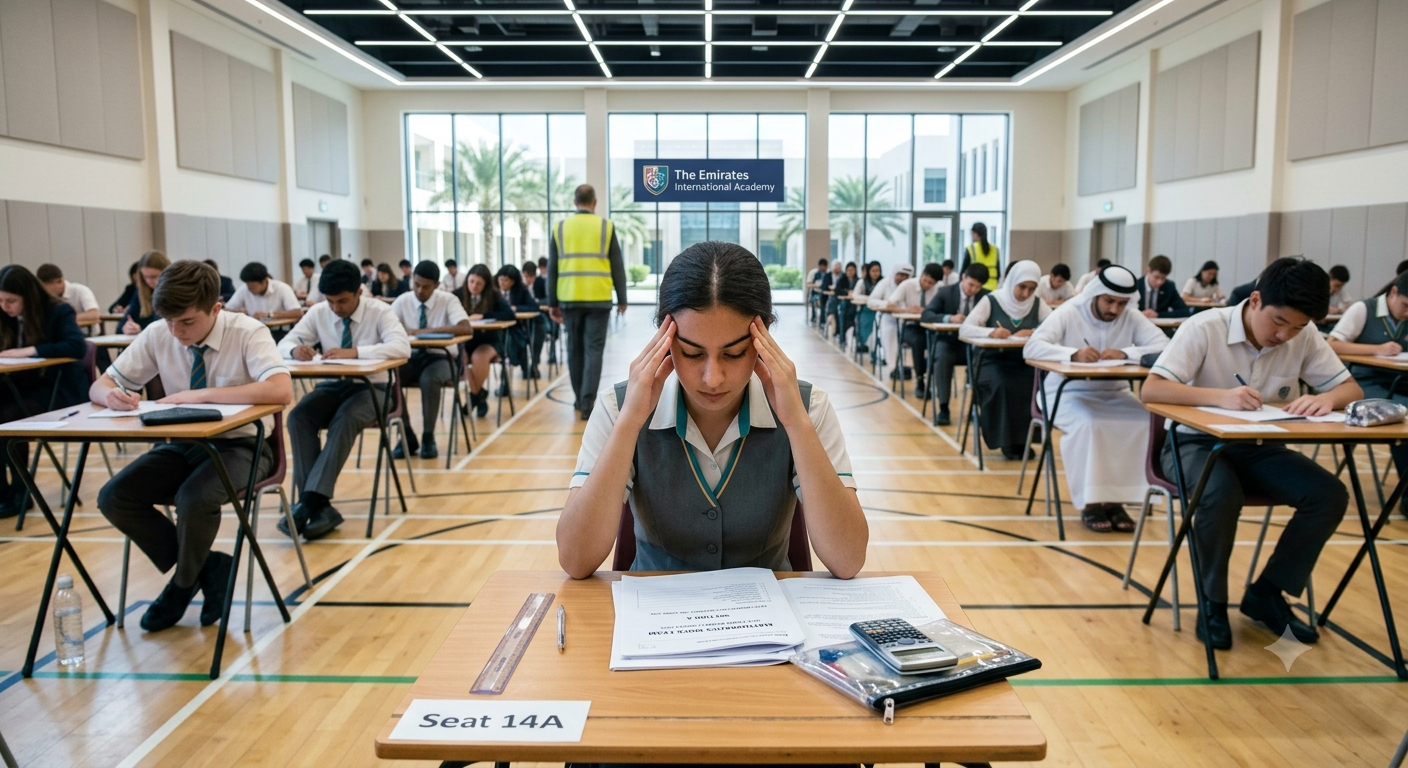 Secondary school student frozen mid question during a school mock exam under timed pressure
