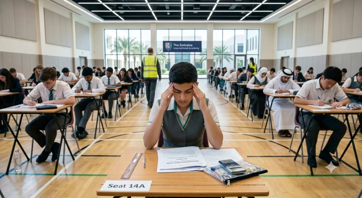 Secondary school student frozen mid question during a school mock exam under timed pressure