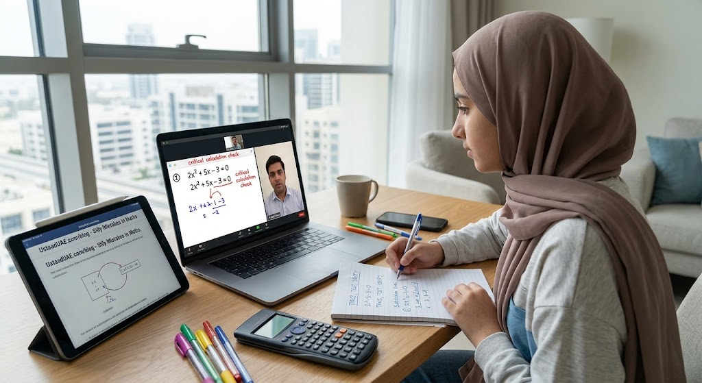 Secondary school student in the UAE engaged in an online one-to-one maths tutoring session working through algebraic checking routines