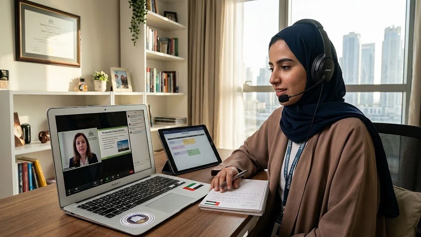UAE student reviewing notes and attending a 1-to-1 online session at a desk