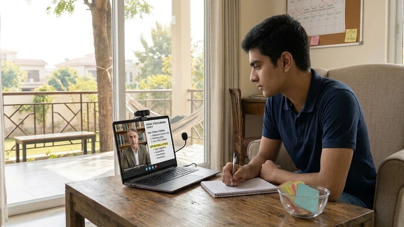 Student doing a short, focused study session by a bright terrace window with rest days planned on the wall calendar