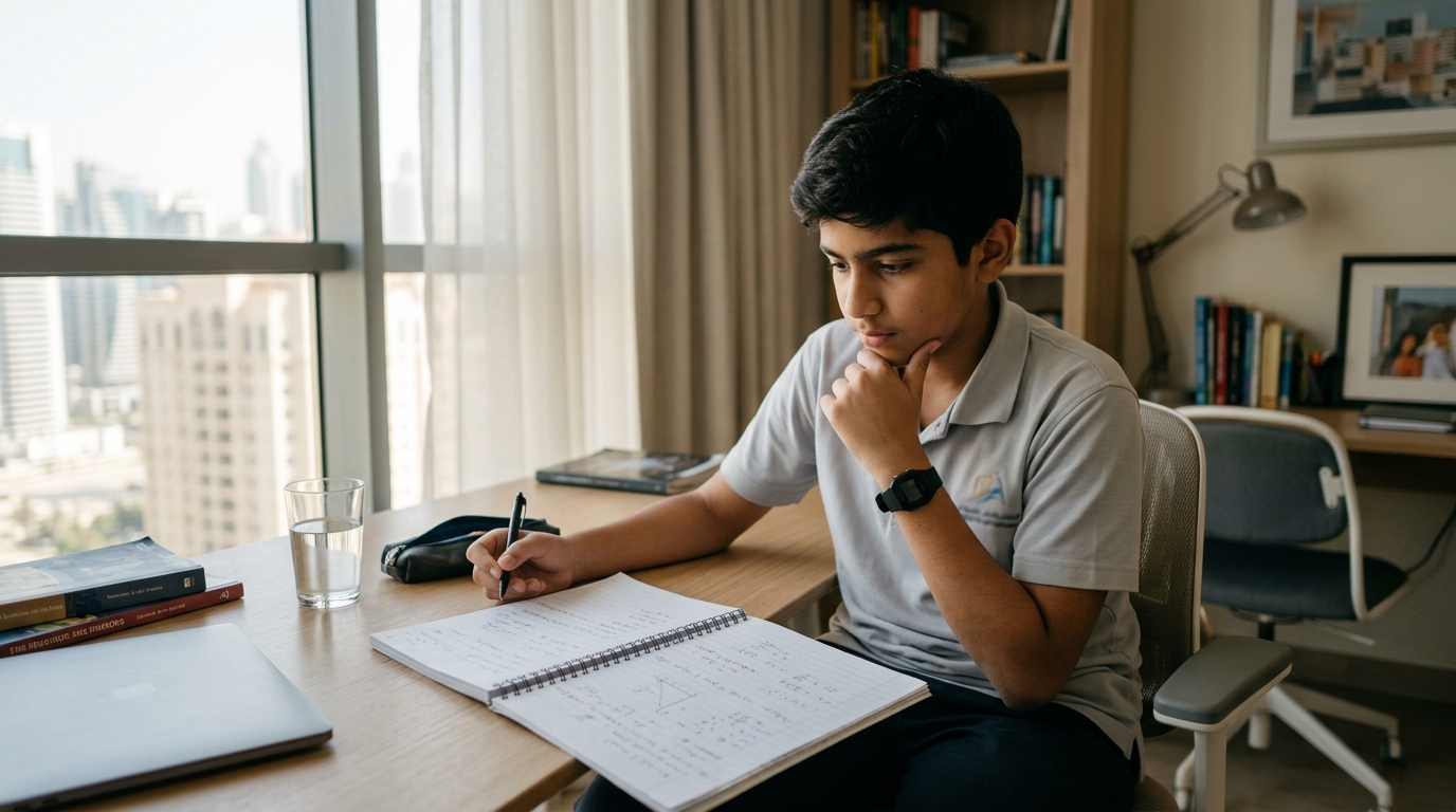 Student pausing to think through a difficult homework question alone