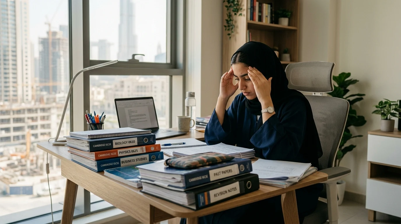 UAE high school student at her study desk looking overwhelmed by stacks of Cambridge IGCSE revision binders