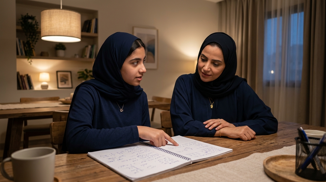 Student explaining a maths step aloud to a parent at a home table