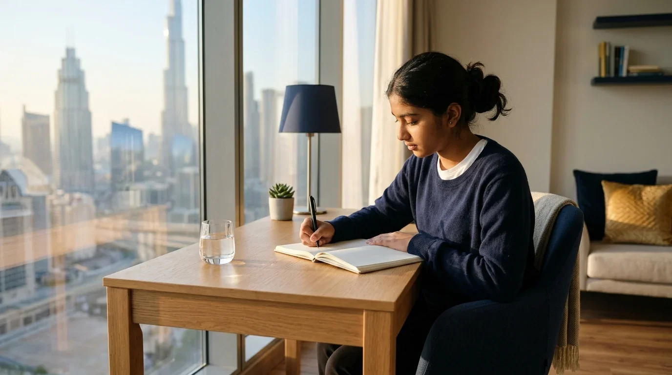Teenager doing a short revision session at a desk by a window in the morning