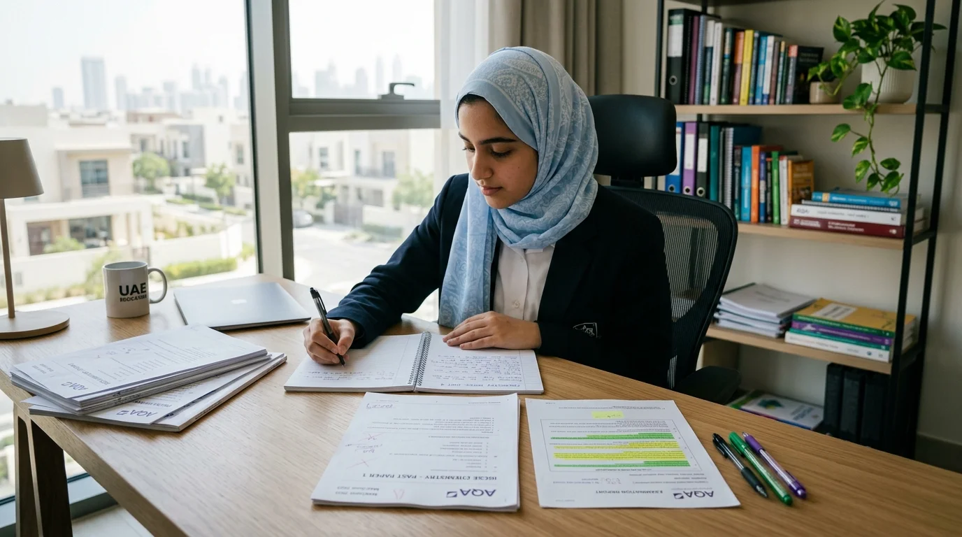 High school student in the UAE using black, green, and purple pens to audit exam past papers alongside the examiner report