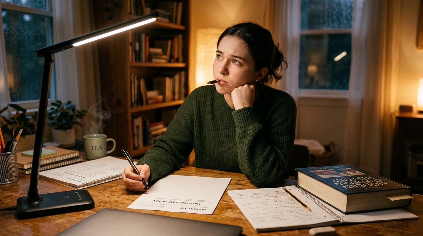 High school student sitting at an evening study desk pausing thoughtfully over a blank exam paper without relying on open notes