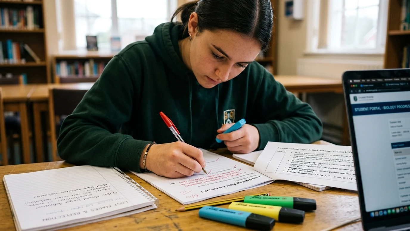 UAE Year 13 and Year 11 student analysing lost marks against official examiner mark scheme with highlighters