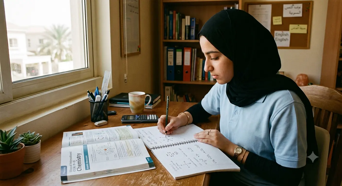 IGCSE Chemistry student in the UAE hand-drawing structures and equations in a notebook while revising at a home study desk