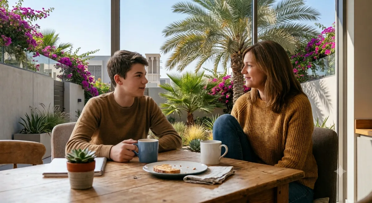 UAE parent and teenage child having a calm conversation at home about school and exams