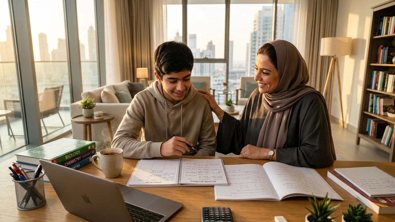 UAE parent and teenager at home study desk constructively reviewing mock exam schedule and past papers
