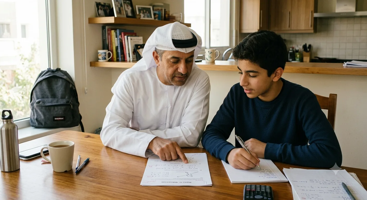 UAE parent and teenager discussing physics exam results and study approach at home