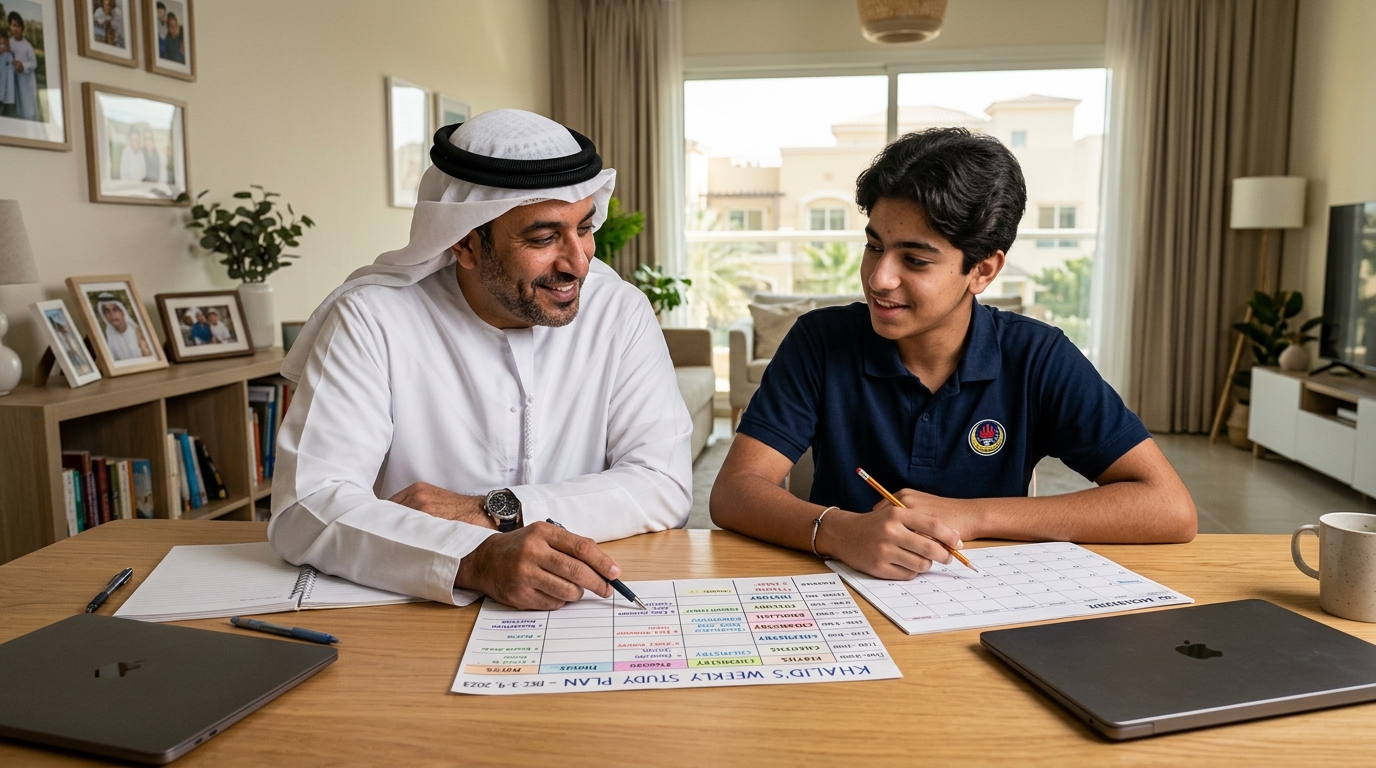 UAE father and teenage student reviewing an organised weekly timed study planner together at home