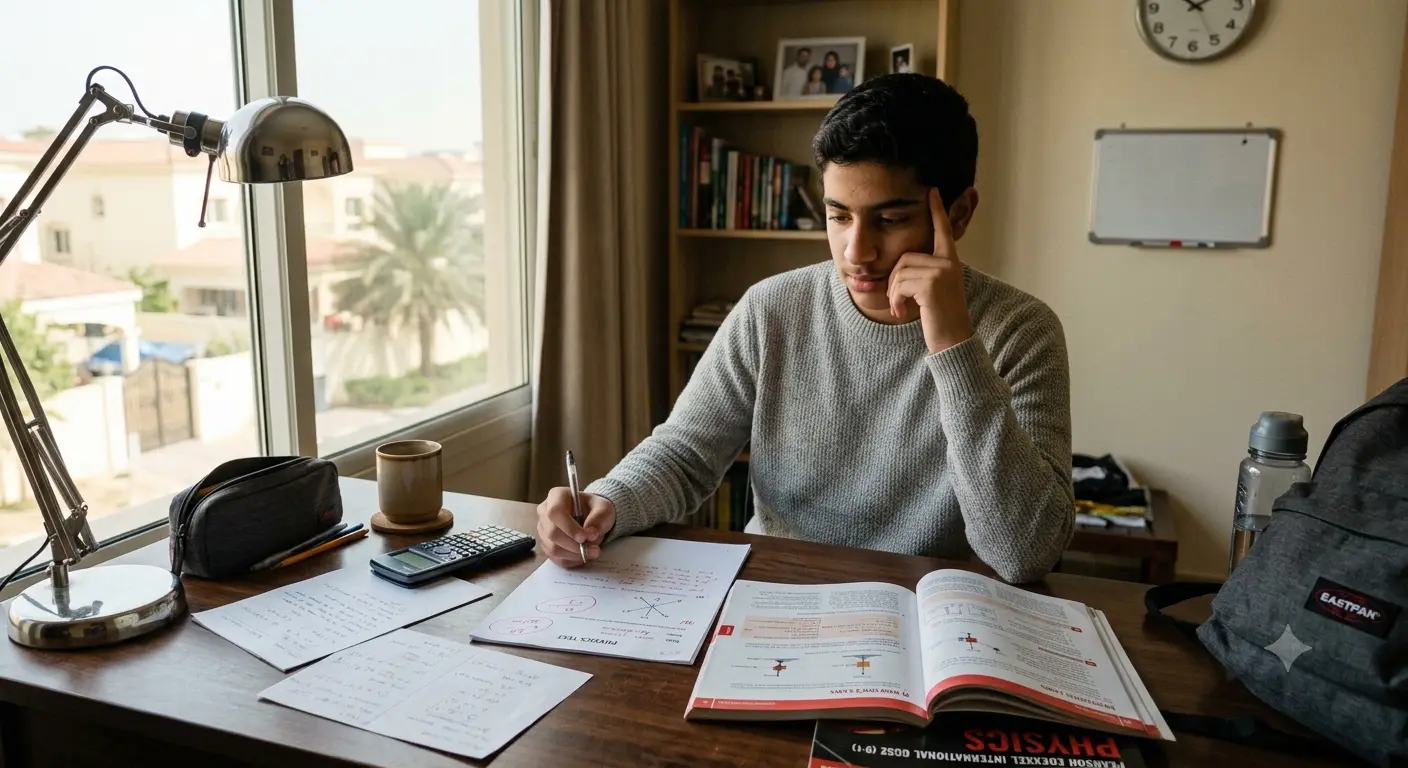 UAE Physics student reviewing a returned test paper at a home study desk, reflecting on why understanding did not translate into marks