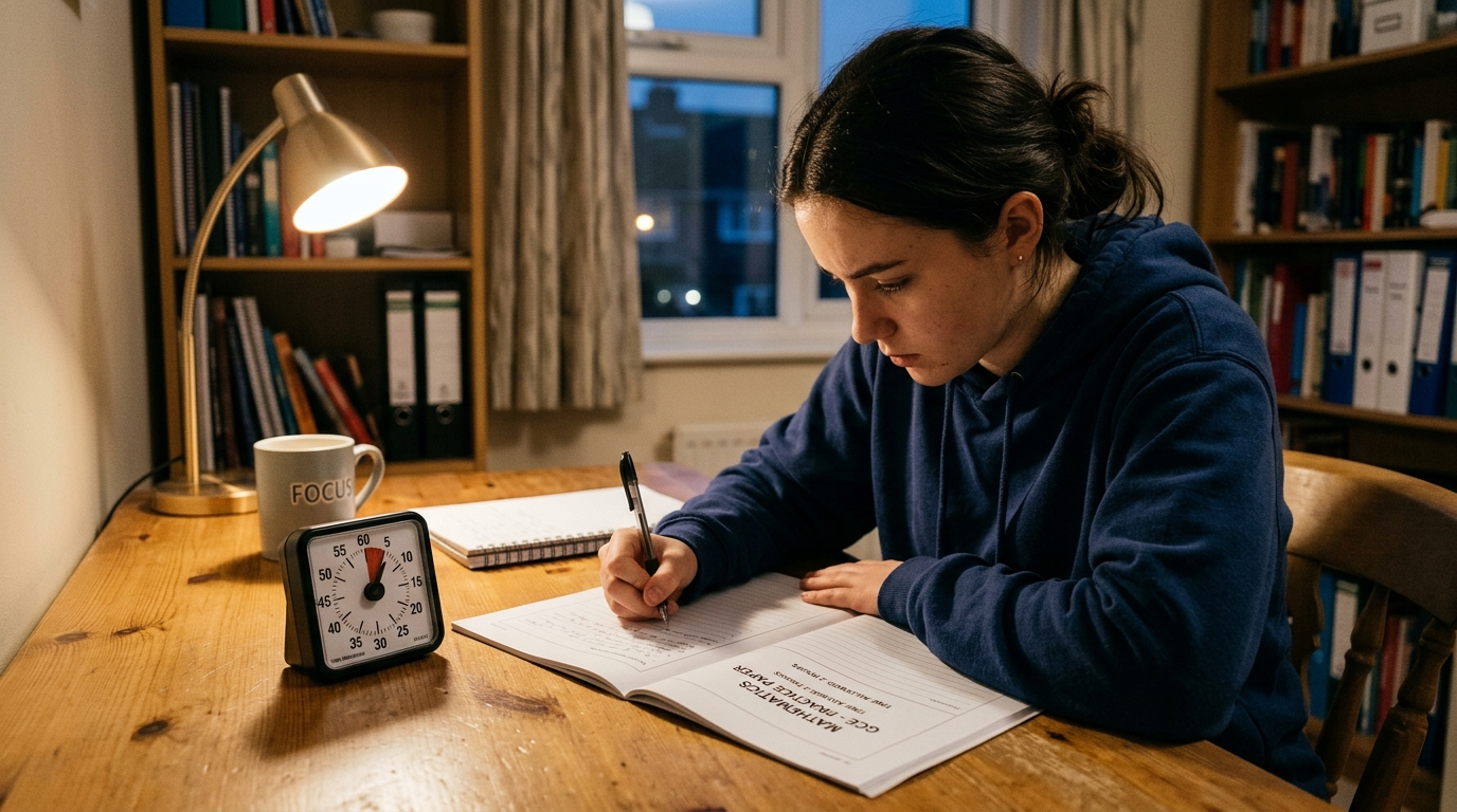 UAE student sitting a timed past paper at home with a countdown clock