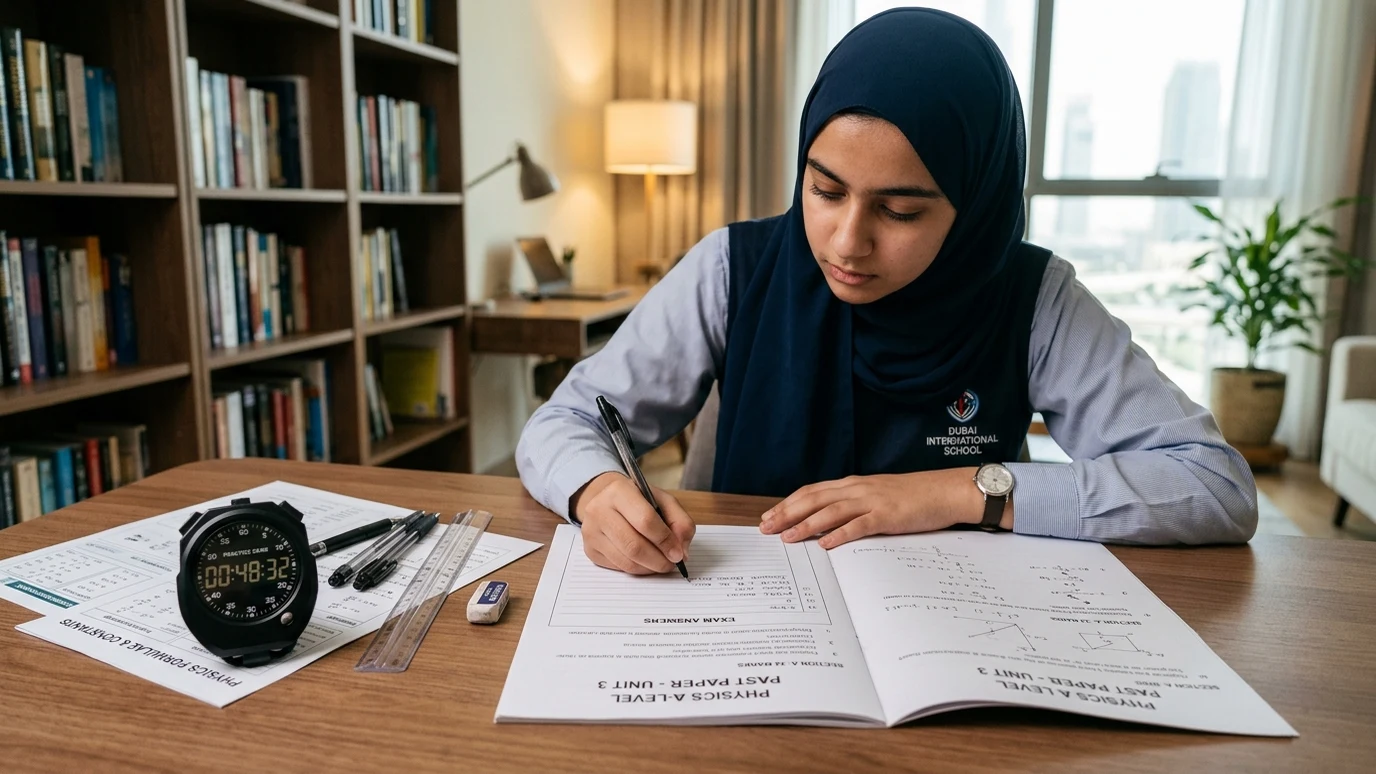UAE secondary student sitting at a study desk with an analog countdown timer practicing a timed past paper