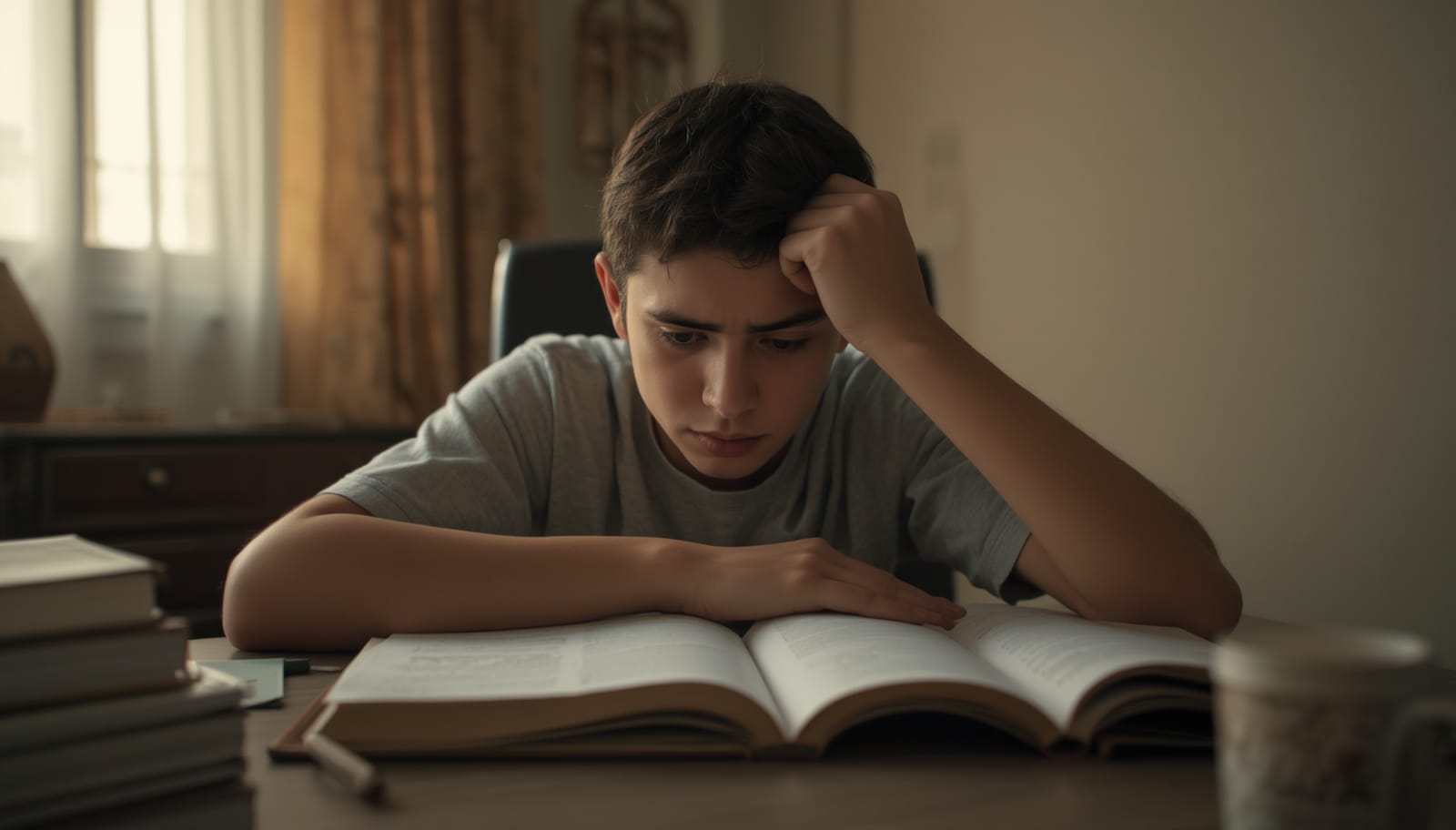 UAE teenager studying at home showing quiet signs of exam stress before exam season
