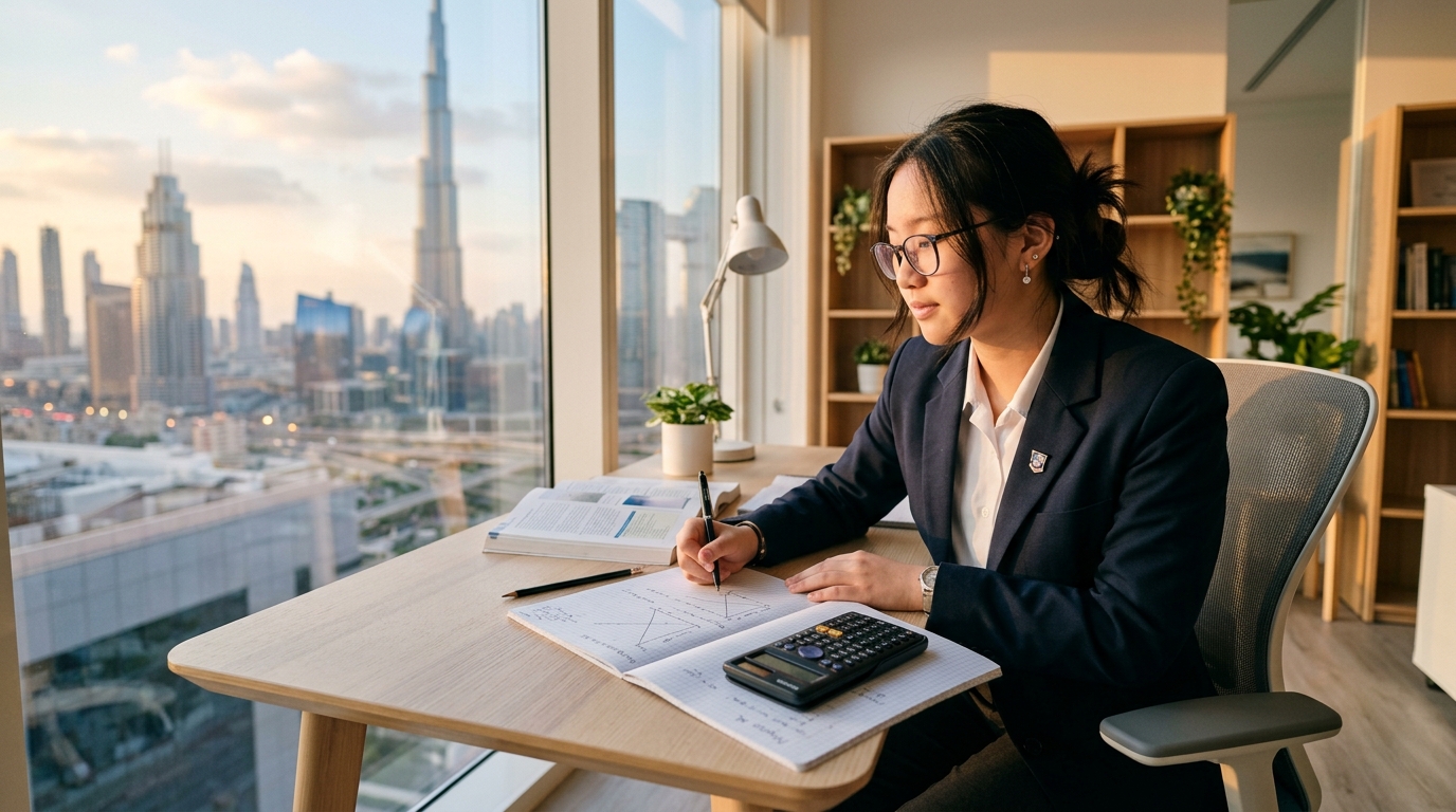 Secondary student studying mathematics and physics graphs in a bright study setting in the UAE