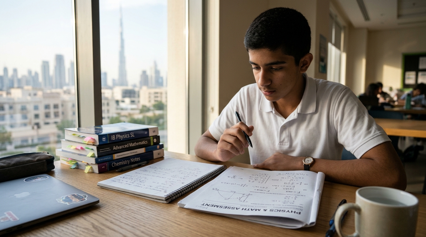 Teenage student at a study desk in Dubai looking thoughtfully at an exam paper with past notes and textbooks
